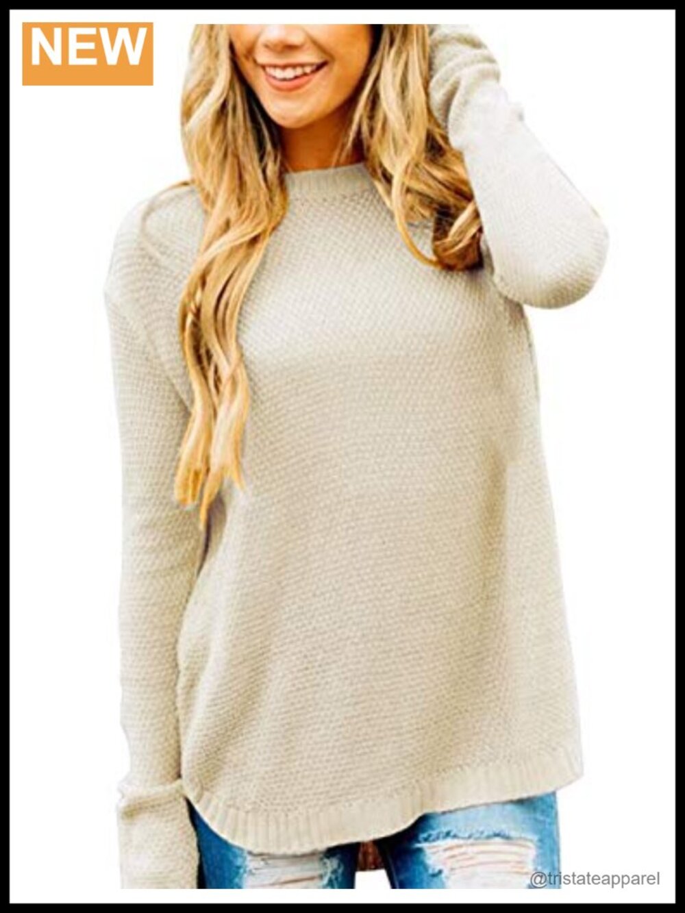 Waffle Knit Crew Neck Pullover Sweater with Balloon Sleeves
